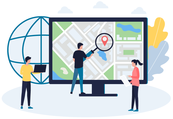 illustration géomarketing avec carte et localisation équipe marketing